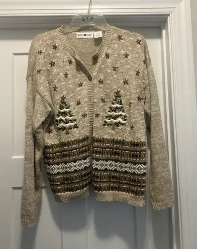 White Stag BEIGE BROWN UGLY CHRISTMAS WOMEN'S SWEATER YARN BEADS TREES Large