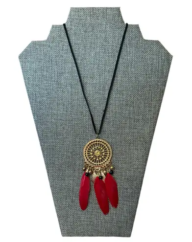 Red Feather Boho Gold Dream Catcher Necklace