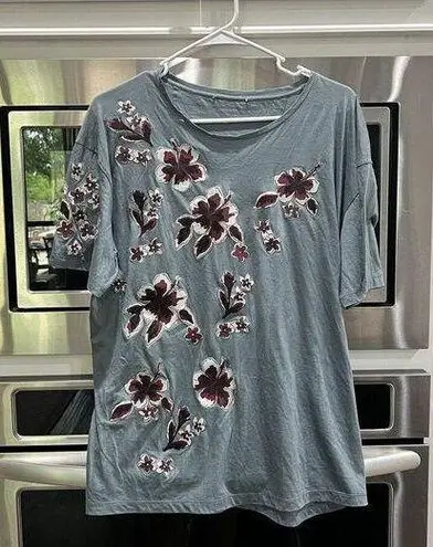 Valentino Hibiscus Floral Appliqué Stone Blue Tshirt Women’s Large