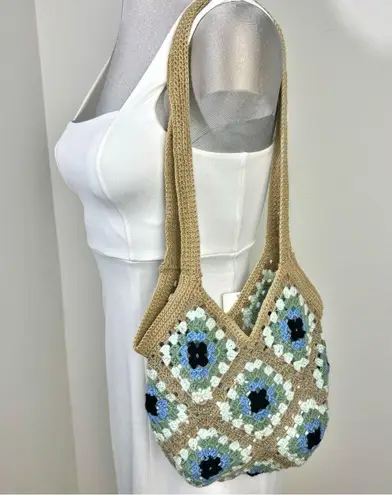 Handmade Crochet Granny Square Shoulder Tote Bag Green Tan Black