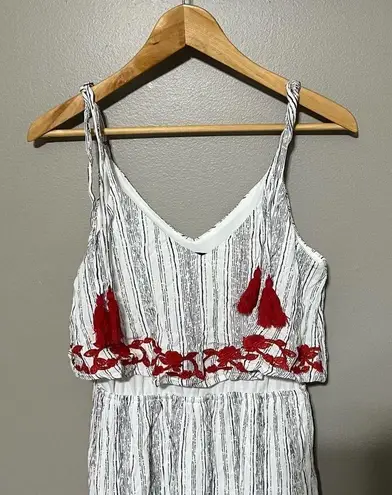 As You Wish As U Wish boho embroidered white gray red tassel tiered mini dress