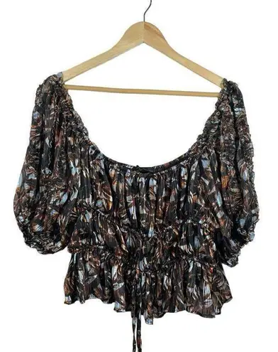 House of Harlow 1960 Revolve Metallic Abstract Puff Sleeve Blouse Brown Size L Size L