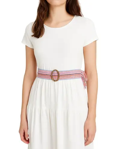 Vintage Woven Belt with Faux Tortoise Oval Buckle Boho Festival Style