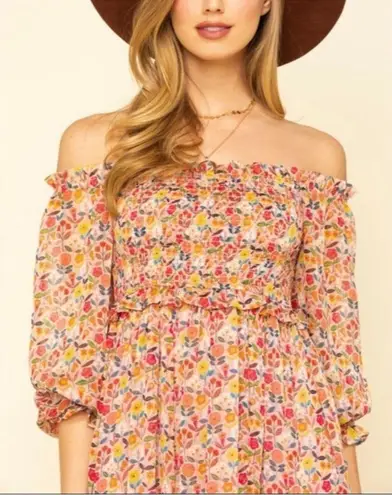 Lili Sidonio woven midi dress ice cream pink floral off the shoulder Large NWT