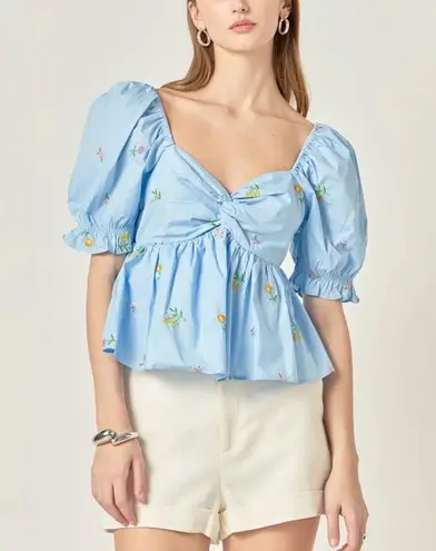 English Factory Floral Embroidered Puff Slv Babydoll Powder Blue Multi XS *flaw