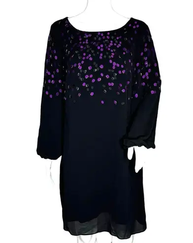 Belle Badgley Mischka Dress Womens 8 Black Purple Geometric Beaded Shift Party