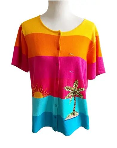 The Quacker Factory Beach Cardigan Short Sleeve Women Large Sun Sequin Beaded