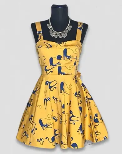Vintage 80s 90s IXIA Cat Print Mini Dress Yellow Blue Size Small