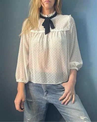 Takara White Sheer Dotted Swiss Prairie Blouse with Black Bow size Large