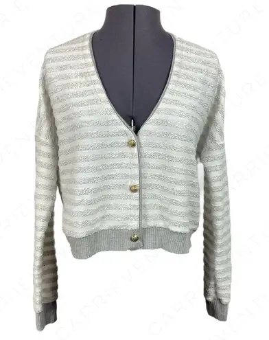 Maison Jules Sweater Gray Striped Cropped Knit Cardigan Coastal Academia Preppy