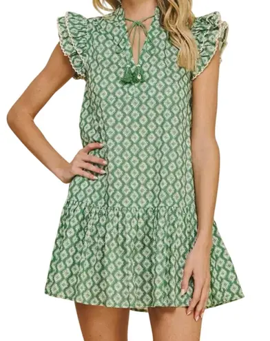 Hausen Aztec Diamond Print Cap Sleeve Ruffle Hem Mini Dress Green White Size M Size M
