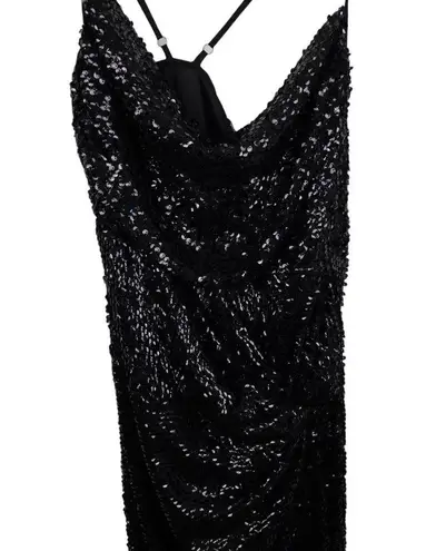 Pretty Little Thing NWT  Black Textured Sequin Cowl Neck Thigh Split Maxi Dress 12