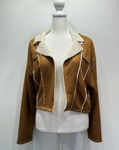 Madden NYC Brown Faux Suede & Cream Sherpa Open Front Cropped Jacket NEW Size S
