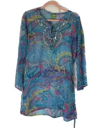 Resort Boho Cleopatra Beach Cover Up Vibrant Semi Sheer Small NWT Swimwear Blue