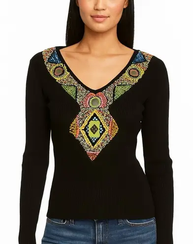 Berek Top Size Large Black Beads Embellished Ribbed Artsy Bling Jewel Stones