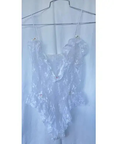 Vintage Tosca Lingerie White Sheer Lace Ruffle Bodysuit S Rose Fairy Ethereal