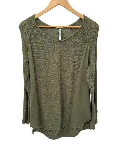 Monoreno Boho Waffle Knit Thermal Shirt Women Oversized Small Green Cotton Blend