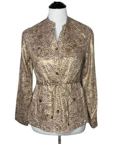Charter Club Leopard Print Jacket Size S P Metallic Gold 100% Linen Top NEW
