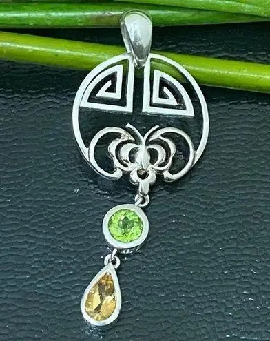 Sterling Silver Vintage 925 Peridot Citrine Geometric Celtic Dangle Pendant 7.9g