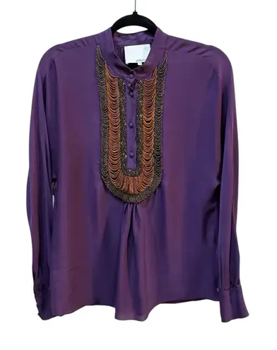 3.1 Phillip Lim Womens Silk Long Sleeve Top Metallic Beaded Size 4 Purple