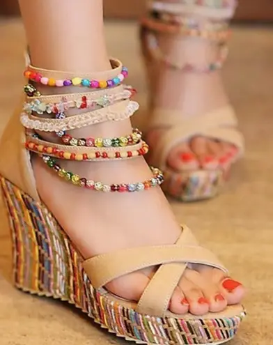Get More Beauty Beaded Wedge Sandals Size Tan Size 8