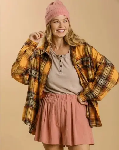 NWT UMGEE USA Plaid Oversized Button Down Shirt Jacket Yellow Rust Blue Womens S