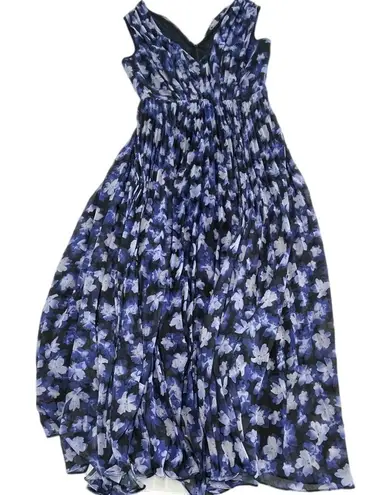 Monique Lhuillier Dress Women 14 Blue Black Melanie V Neck Chiffon Sleeveless