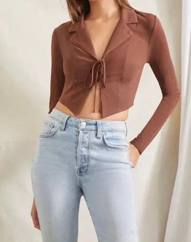 Forever 21 Brown Tie Front Long Sleeve Crop Top