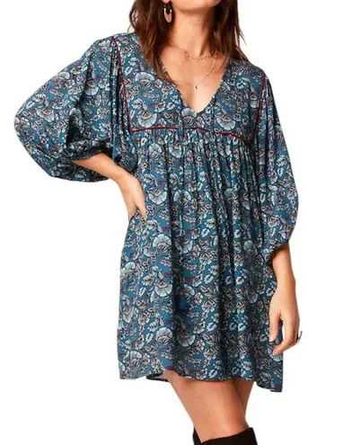 Band Of The Free New Floral Print Tassel Tie Babydoll Mini Dress Teal Size Small