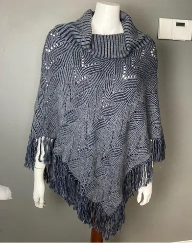 BCBG MaxAzria poncho sweater turtle funnel neck fringe denim blue grey one size