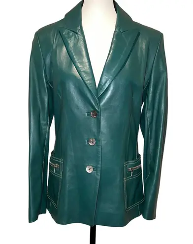 Di Vita Green Buttery Soft Italian Leather Blazer Contrast Stitch Zippers Size 6