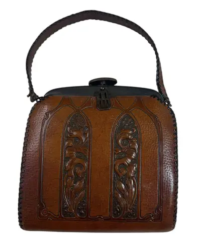 Vintage Leather Handbag Art Deco Floral Embossed Kiss Lock Clutch Purse Brown
