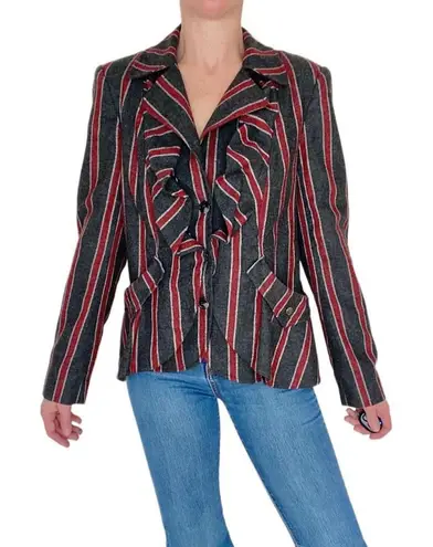 L.A.M.B. Vintage Y2K (2009) Grey Red Stripe Ruffle Wool Blazer Jacket