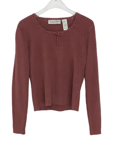 1990s Classic Blues Vintage Mauve Pink Ribbed Knit Sweater with Bow Small