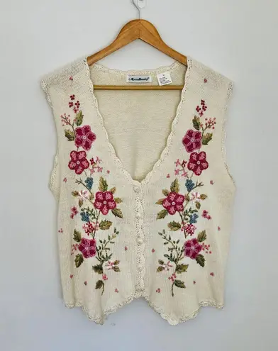 Vintage Floral Sweater Vest Alyssa Brooke Embroidered White Pink Flowers Cotton Size M