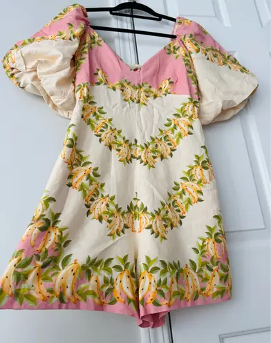 Farm Rio Puff-Sleeve Linen Blend Romper, Size XS