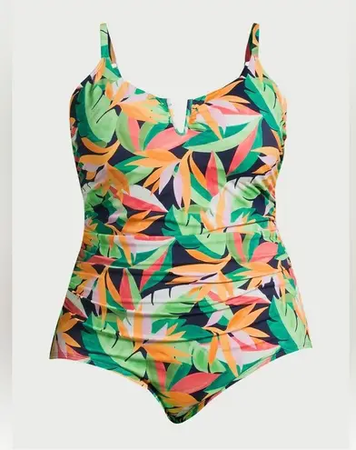 Time and Tru V Wire Detail One Piece Shirred Waist Tropical Swimsuit