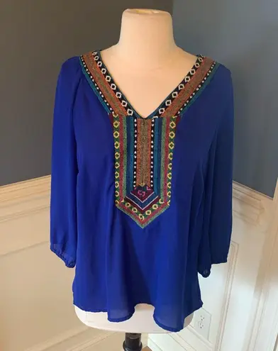 West 36th Top Royal Blue Shirt Silky Embroidered Womens M Size M