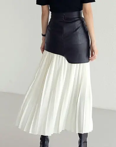 Commense Asymmetric Patchwork Faux Leather Chiffon Pleated Midi Skirt size Xs Black