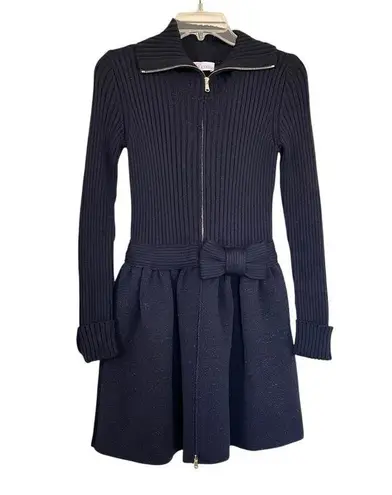 Red Valentino Navy Metallic Ribbed Knit Zip Up Collared Bow Sweater Dress Sz XS