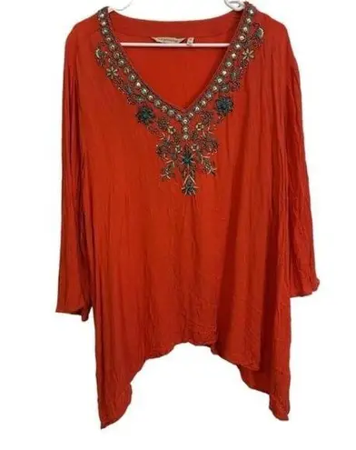 Soft Surroundings Orange Gauze Beaded Vneck Boho Resort wear Bohemian boho 2X