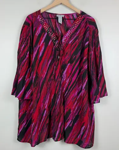 Catherines Top Women 2X 22/22W Red Purple Striped Beaded V-Neck Tunic Mature