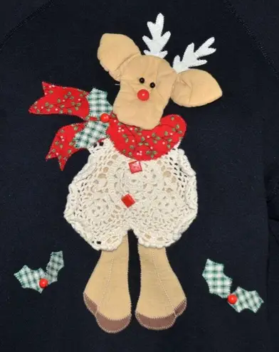 Tultex Vintage Hand Crafted Black Christmas 3-D Reindeer Sweatshirt Size L Granny Core