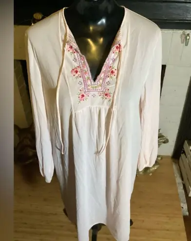 Vintage Light Pink Sheer Nightgown with Embroidered Chest with Tie at Neck Small
