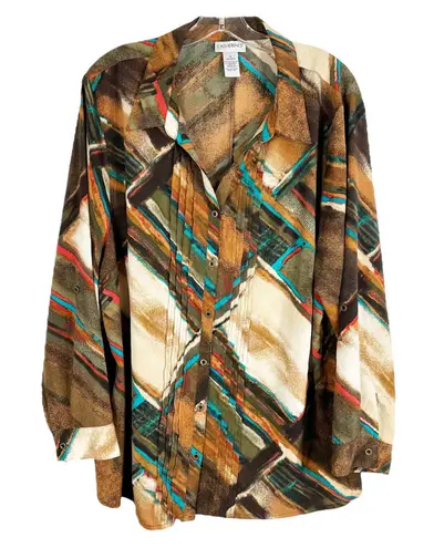 Catherines Plus Size 1X Top 18W 20W Brown Blue Chiffon Button Down Blouse 1116
