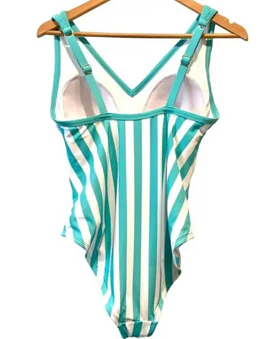 Kona Sol Plus One Piece Green Stripe Print V-Neck Bathing Suit Size 16W