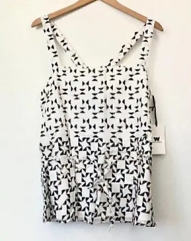 W By Worth NEW NWT  Off White Black Border Print Criss Cross Strap Blouse Tank 10