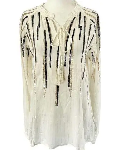 Free The Roses New  Sequin Striped Tassel Tie Peasant Top Ivory Black Gold