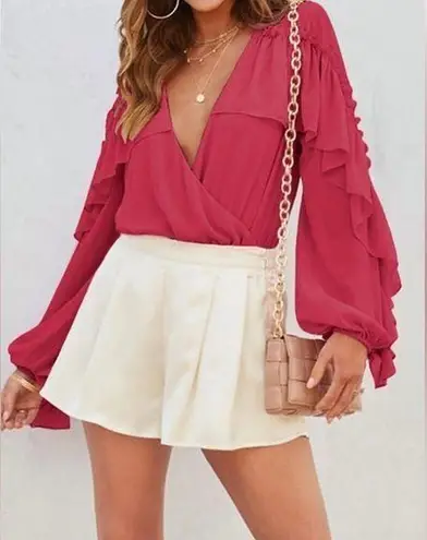 Skyler Rose Long Sleeve Wrap V Neck Ruffle Bodysuit Jumpsuit Sexy Drape Blouse