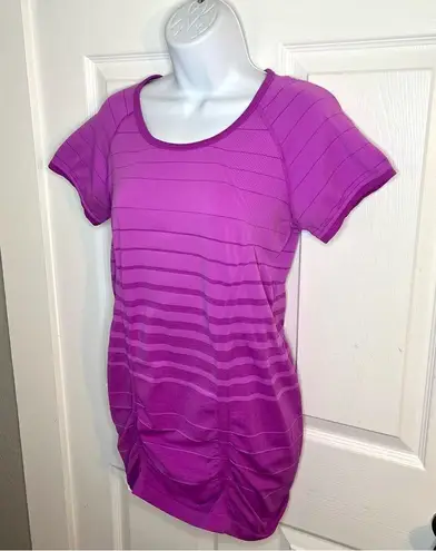 Athleta  Fastest Track Ruched Stripe Tshirt Short Sleeve Pinkish Purple M